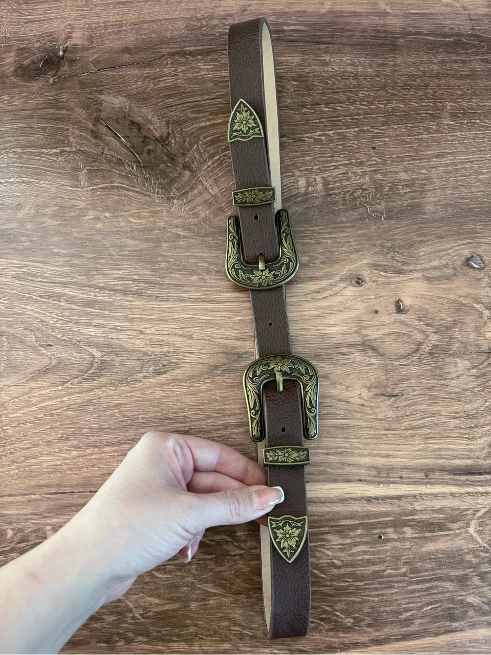 Western Double Buckle Belt Brown Floral Engraved Concho Size M